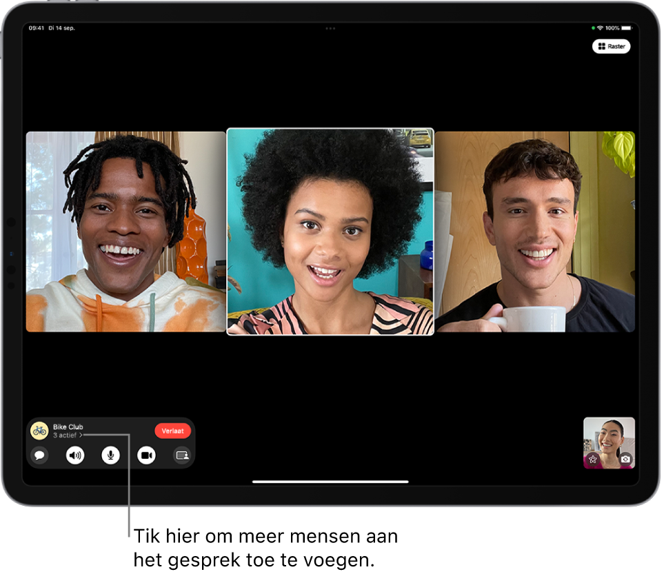 Een FaceTime-groepsgesprek met vier deelnemers, waaronder de initiator. Elke deelnemer verschijnt in een aparte tegel.