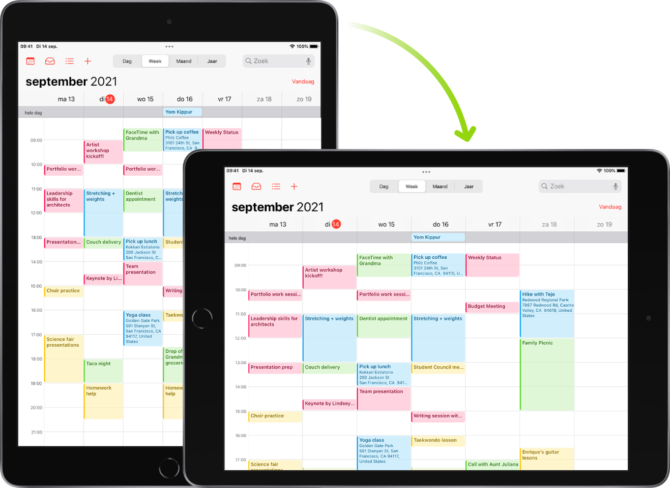 Op de achtergrond wordt op de iPad een Agenda-scherm staand weergegeven; op de voorgrond is de iPad gedraaid, zodat je het Agenda-scherm in de liggende weergave ziet.