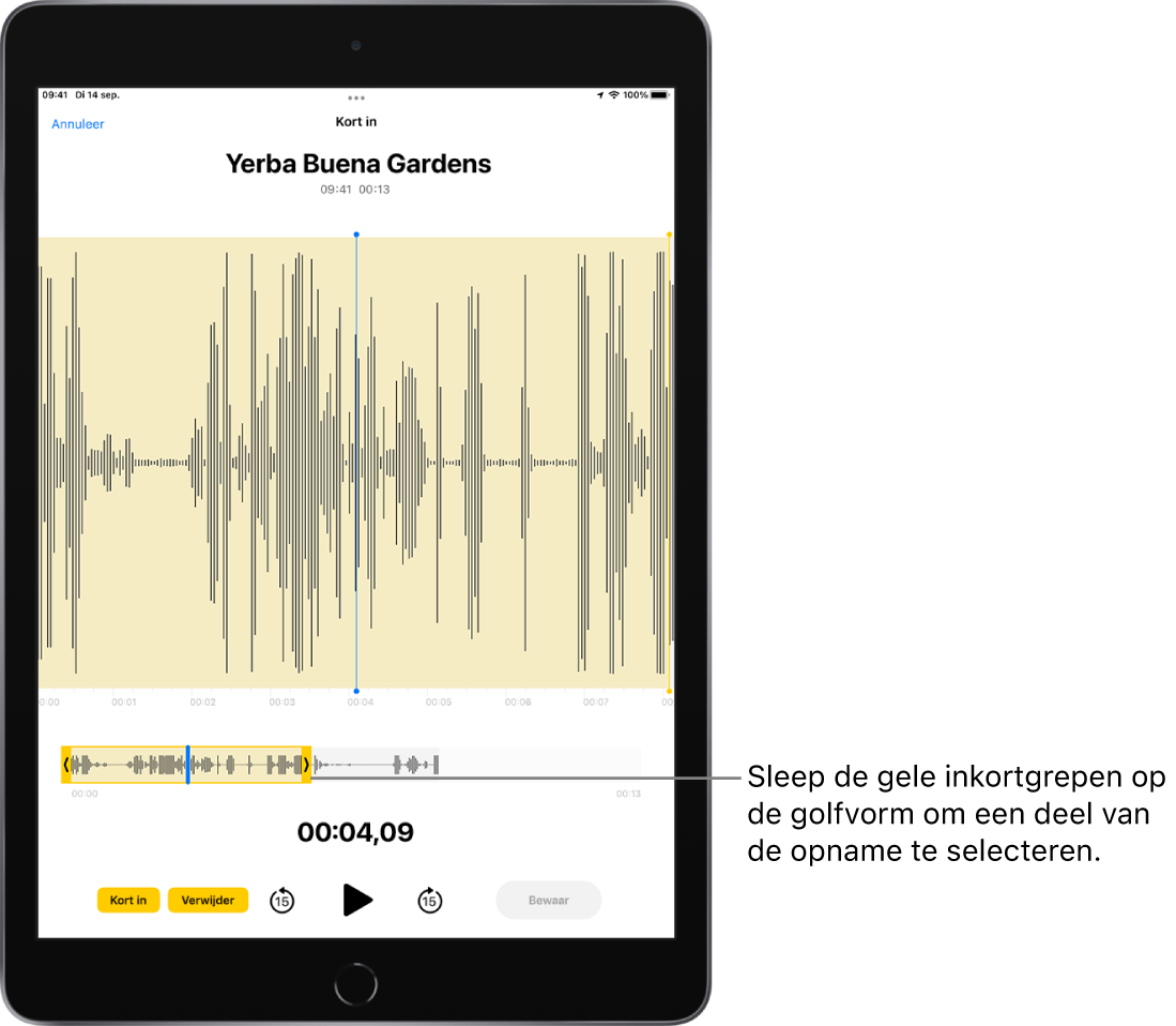 Je ziet hoe een opname wordt ingekort. Onder in het scherm zie je hoe de gele inkortgrepen een deel van de geluidsgolfvorm omsluiten. Onder de golfvorm en de inkortgrepen bevinden zich een afspeelknop en een opnametimer.