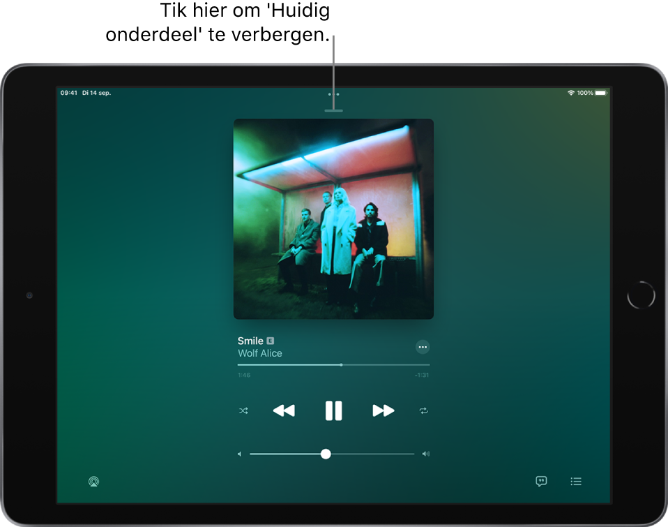 Het scherm 'Huidig onderdeel' met de albumillustratie. Hieronder zie je de titel van het nummer, de artiest, de knop 'Meer', de afspeelkop, afspeelregelaars, de volumeschuifknop, de songtekstknop, de afspeelbestemmingsknop en de wachtrijknop. De knop voor het verbergen van het huidige onderdeel bevindt zich bovenin.