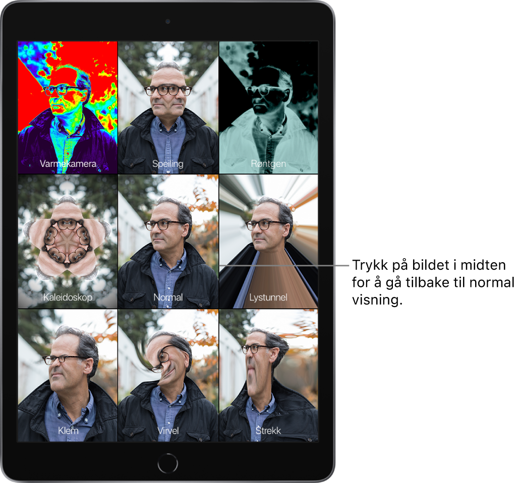 En Photo Booth-skjerm som viser ni bilder av en manns ansikt, med ulike effekter i forskjellige ruter. I den øverste raden, fra venstre mot høyre, er effektene Varmekamera, Speil og Røntgen. I den midterste raden, fra venstre mot høyre, er effektene Kaleidoskop, Normal og Lystunnel. I den nederste raden, fra venstre mot høyre, er effektene Klem, Virvel og Strekk.