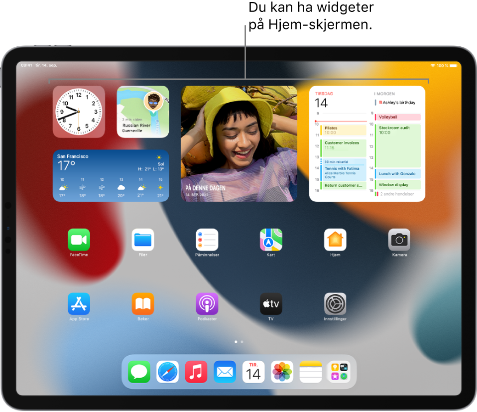 Hjem-skjermen med widgeter – inkludert widgetene Bilder, Kalender og Været.