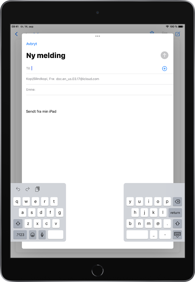 En ny e-postmelding som skrives med tastaturet delt og løsnet fra bunnen av iPad-skjermen.