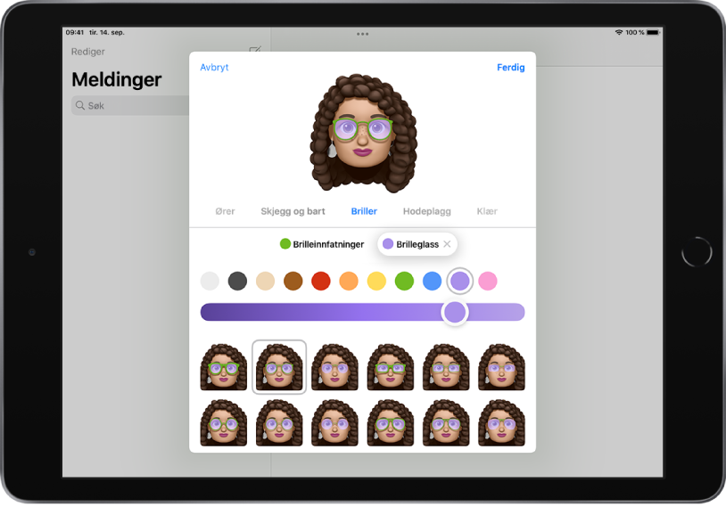 Opprett en Memoji-skjermen i Meldinger-appen, der du kan velge briller.