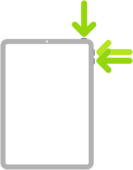 En illustrasjon av iPad med piler som peker på toppknappen og volum opp- og volum ned-knappene oppe til høyre.