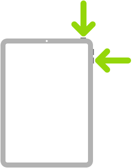 En illustrasjon av iPad med piler som peker på toppknappen og en volumknapp oppe til høyre.