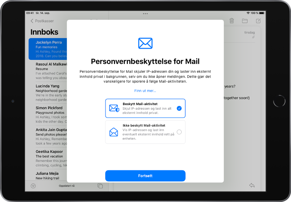 Dialogruten for konfigurering av Personvernbeskyttelse for Mail, som beskriver funksjonene og viser to valg: «Beskytt Mail-aktivitet» og «Ikke beskytt Mail-aktivitet».