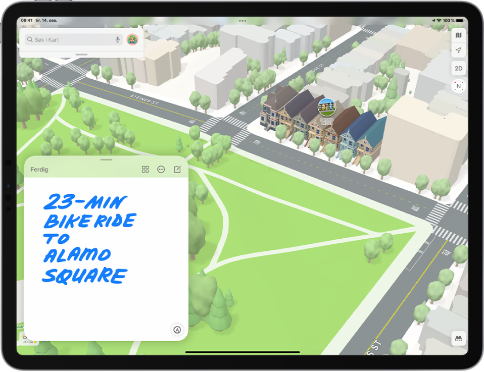 Et hurtignotat nederst til venstre på et kart som er åpent i Kart-appen.
