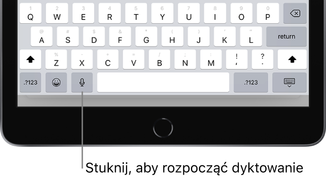 Klawiatura ekranowa z klawiszem dyktowania znajdującym się po lewej stronie spacji. Możesz stuknąć w ten klawisz, aby rozpocząć dyktowanie tekstu.