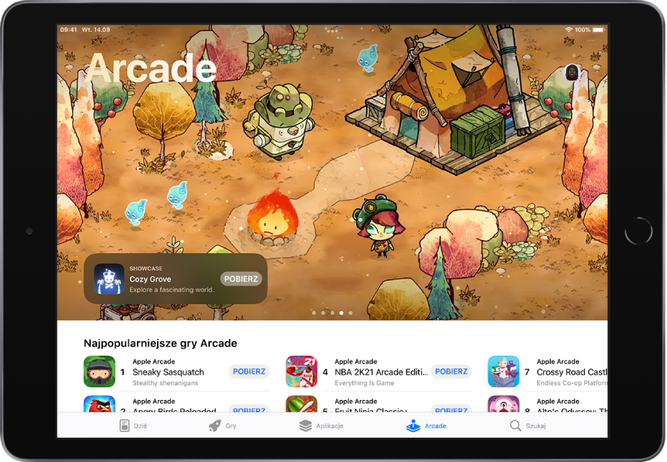 Ekran Arcade w App Store. Na górze widoczna jest gra, a na środku znajdują się najlepsze gry Arcade. Na dole znajdują się (od lewej) następujące karty: Dziś, Gry, Aplikacje, Arcade oraz Szukaj.