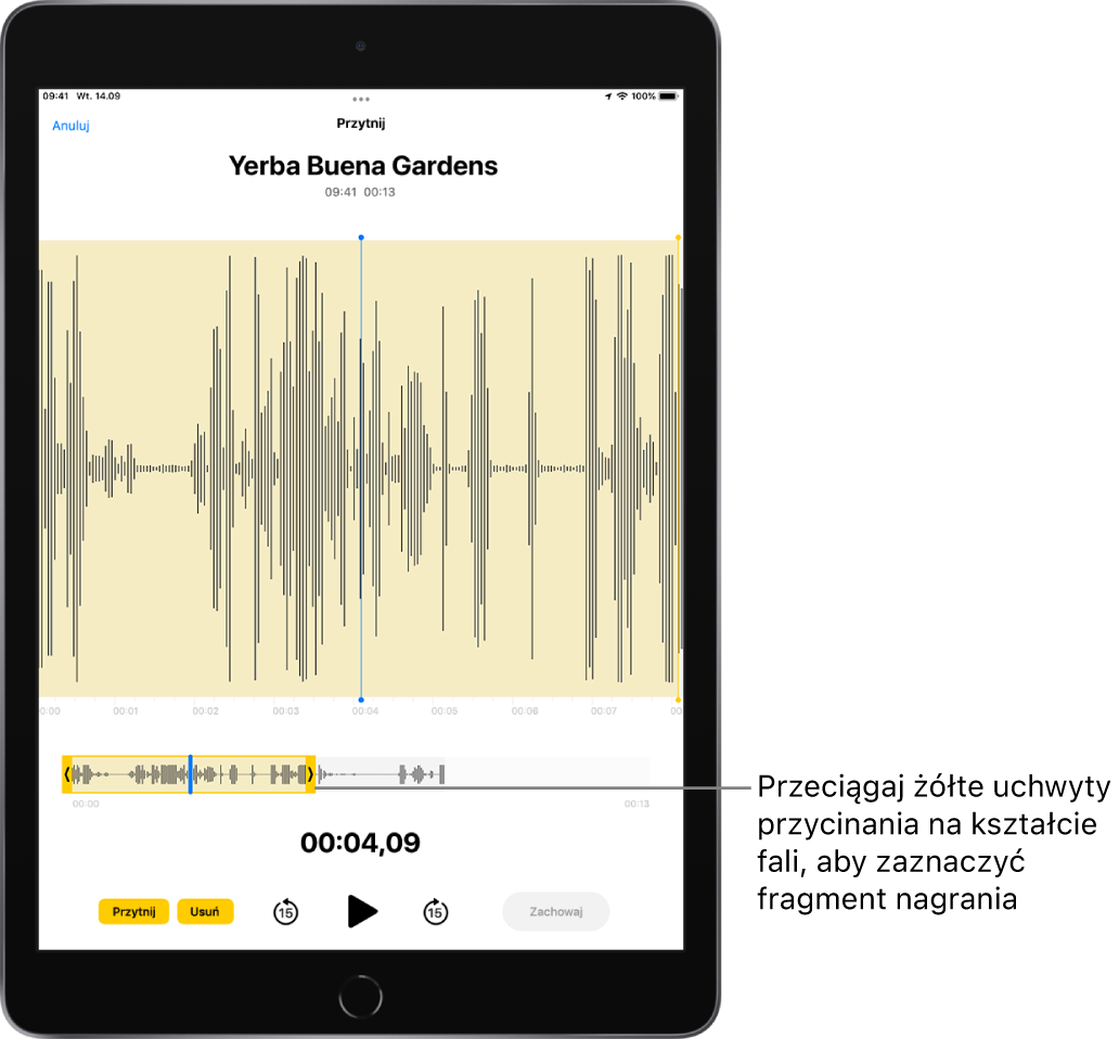 Ekran przycinania nagrania: żółte uchwyty przycinania po obu stronach fragmentu kształtu fali na dole ekranu. Pod kształtem fali i uchwytami przycinania wyświetlany jest przycisk odtwarzania oraz wskaźnik czasu.