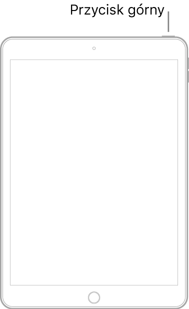 Ilustracja przedstawiająca iPada z przyciskiem Początek. Na prawej krawędzi urządzenia znajduje się przycisk górny.