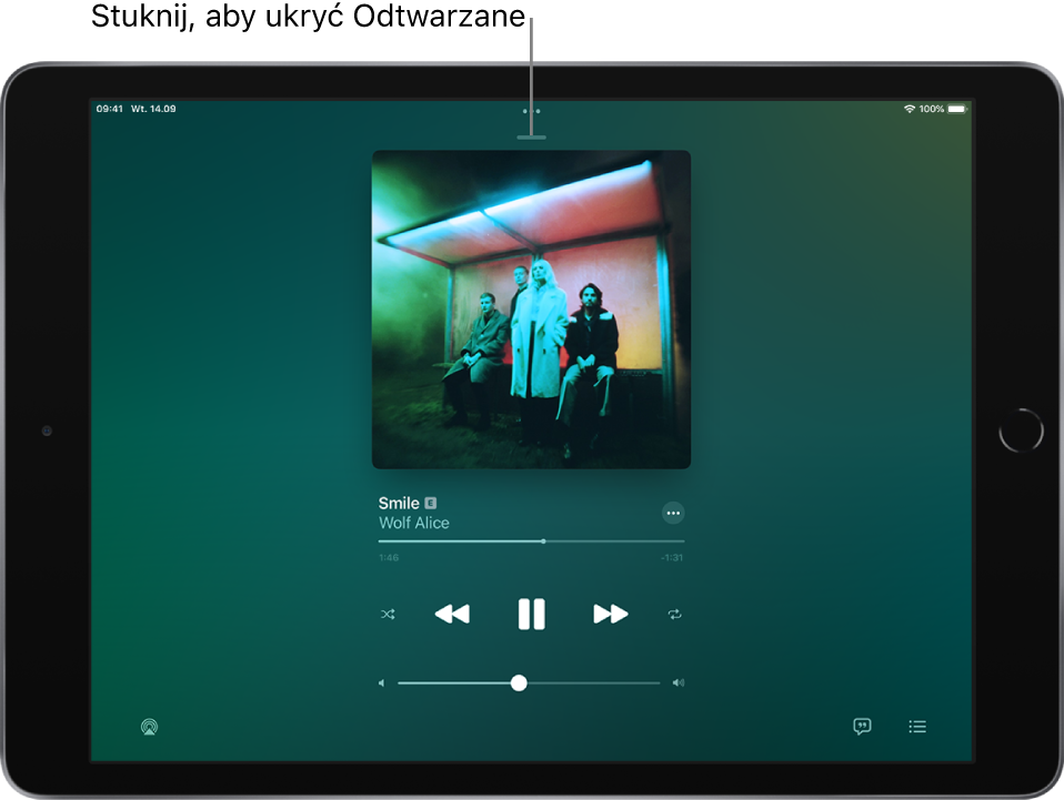 Ekran Odtwarzane, zawierający grafikę albumu. Poniżej znajduje się tytuł utworu, nazwa wykonawcy, przycisk Więcej, głowica, narzędzia odtwarzania, suwak głośności, przycisk słów utworu, przycisk urządzenia wyjściowego odtwarzania oraz przycisk kolejki. Przycisk ukrywania ekranu Odtwarzane znajduje się u góry ekranu.
