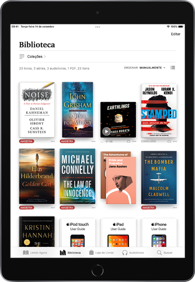 Tela Biblioteca no app Livros. Na parte superior da tela, o botão Coleções e opções de ordenação. A opção de ordenação Recente está selecionada. No meio da tela, capas dos livros na biblioteca. Na parte inferior da tela, da esquerda para a direita, as abas Lendo Agora, Biblioteca, Loja de Livros, Audiolivros e Buscar.