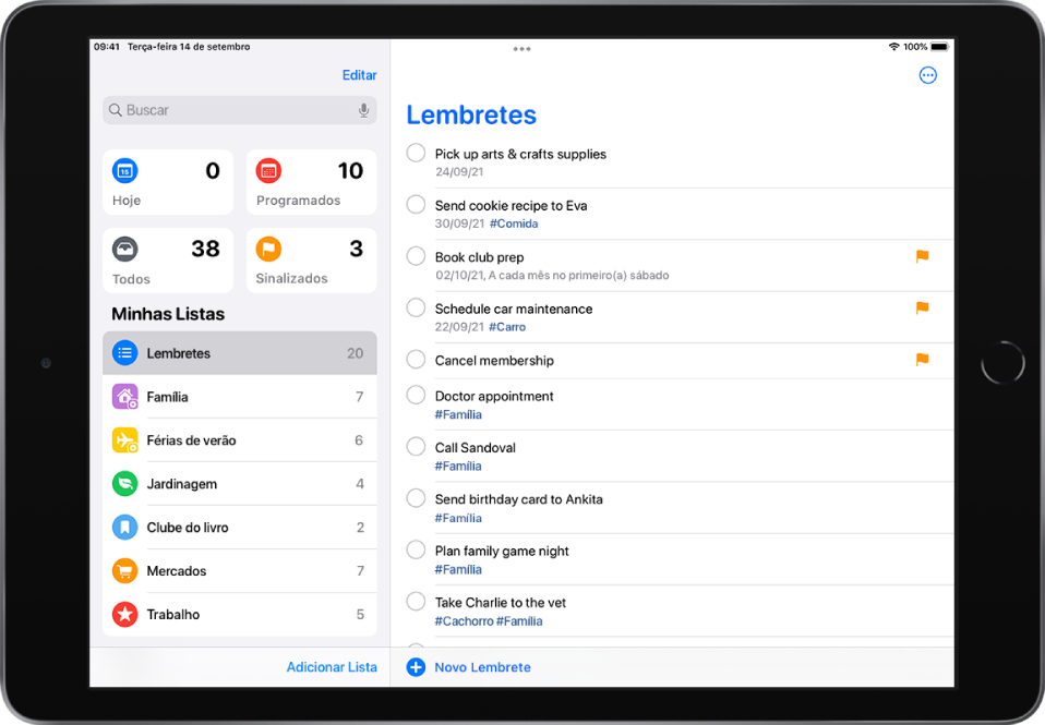 Tela do app Lembretes mostrando listas de lembretes do lado esquerdo e uma lista de tarefas do lado direito. O botão Novo Lembrete fica na parte inferior, ao centro.