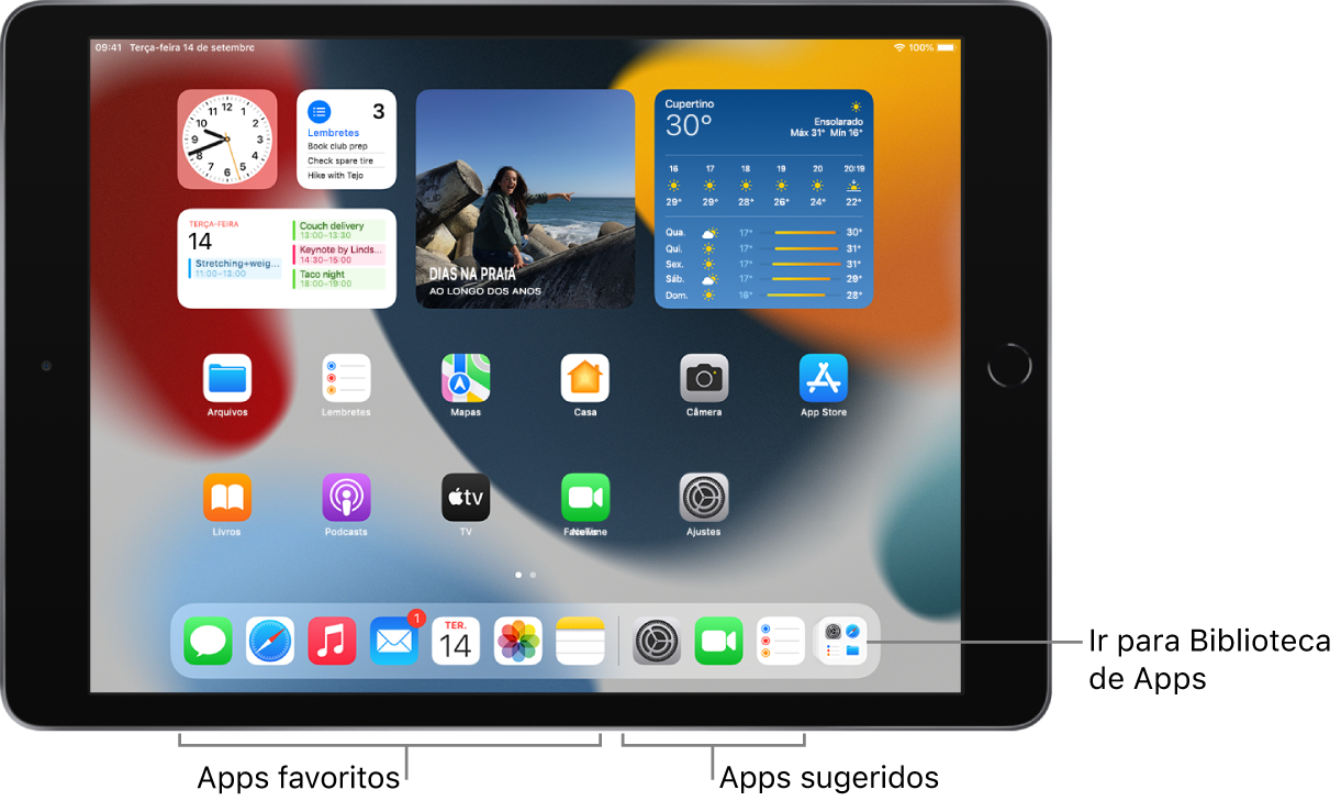Dock mostrando sete apps favoritos à esquerda e três apps sugeridos à direita. O ícone mais à direita no Dock abre a Biblioteca de Apps.