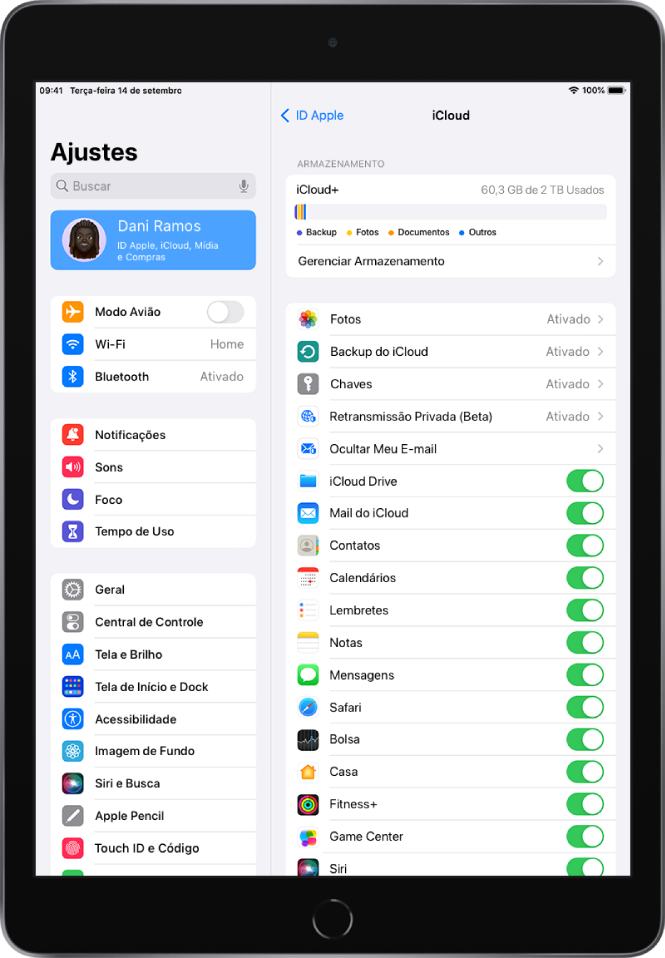 Tela de ajustes do iCloud mostrando o medidor de Armazenamento do iCloud e uma lista de apps e recursos, incluindo Mail, Contatos e Mensagens, que podem ser usados com o iCloud.
