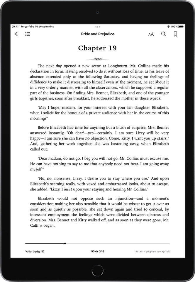 Página de um livro aberto no app Livros mostrando os controles de navegação na parte superior da tela; da esquerda para a direita, para fechar um livro, índice, menu de aparência, buscar e criar marcador.