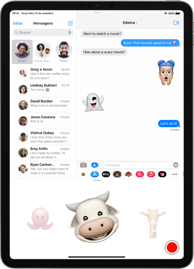 Conversa do app Mensagens com um Memoji selecionado, pronto para ser gravado antes de ser enviado.