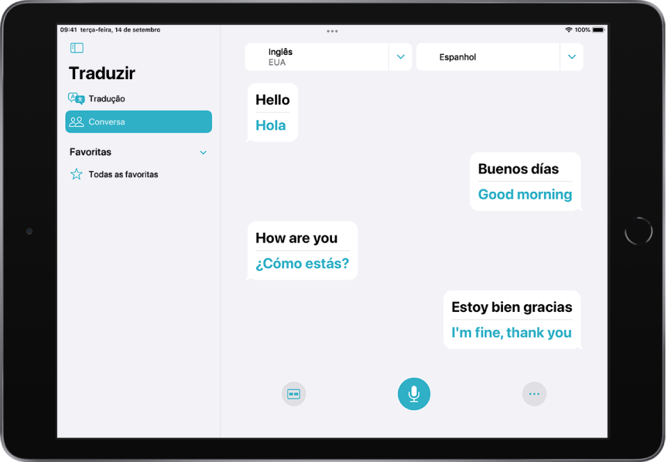 O separador “Conversa” a mostrar balões de fala e as respetivas traduções.