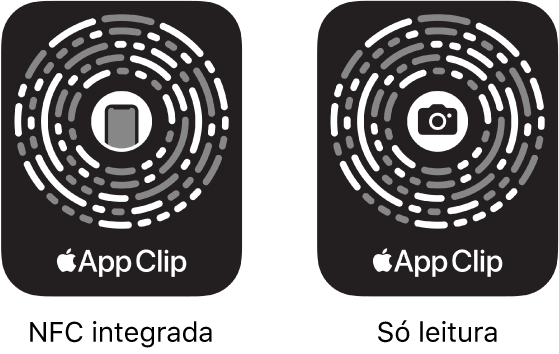 À esquerda, um código de App Clip NFC integrado, com um ícone do iPhone no centro. À direita, um código de App Clip de leitura, com um ícone de um câmara no centro.