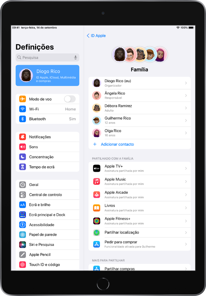O ecrã Partilha com a família nas Definições. Cinco membros da família aparecem listados acima das funcionalidades partilhadas.