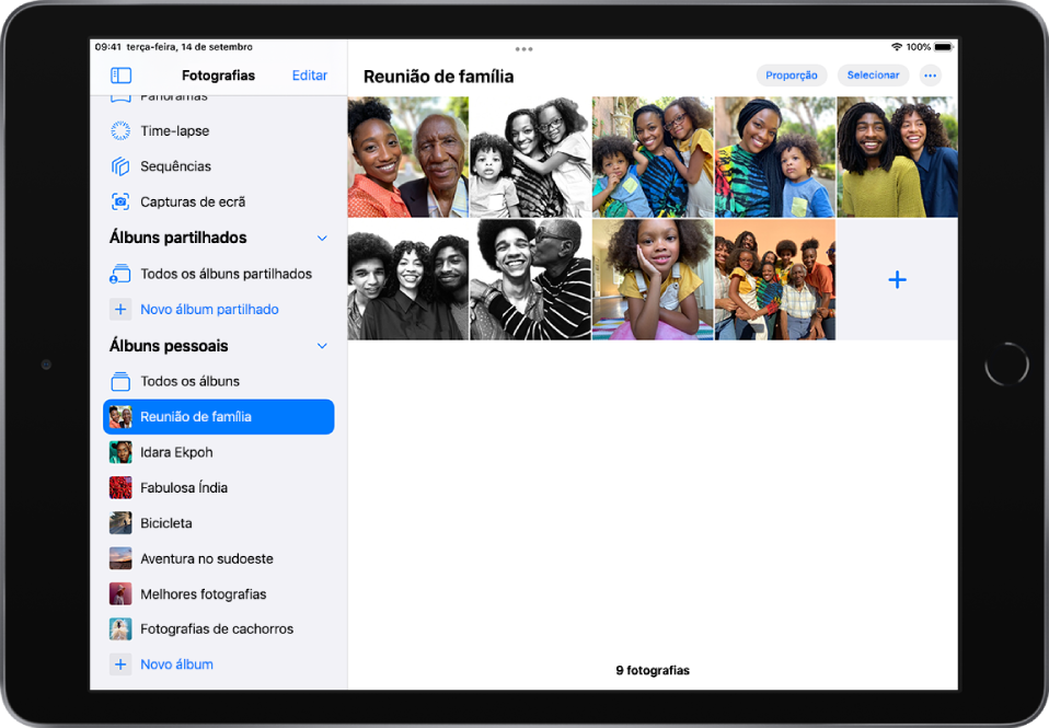 A barra lateral Fotografias está aberta no lado esquerdo do ecrã. Sob o título Álbuns pessoais, o álbum com o título Encontro familiar está selecionado. O resto do ecrã do iPad é preenchido com fotografias e vídeos do álbum Encontro familiar apresentado em grelha.