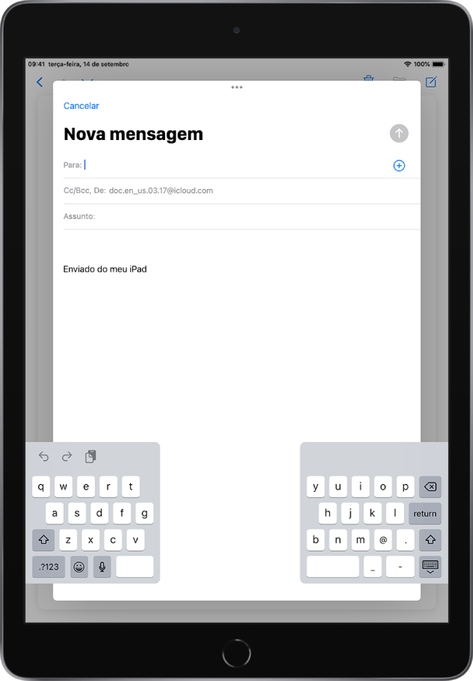 Uma nova mensagem de e‑mail a ser criada com o teclado dividido e desancorado da parte inferior do ecrã do iPad.