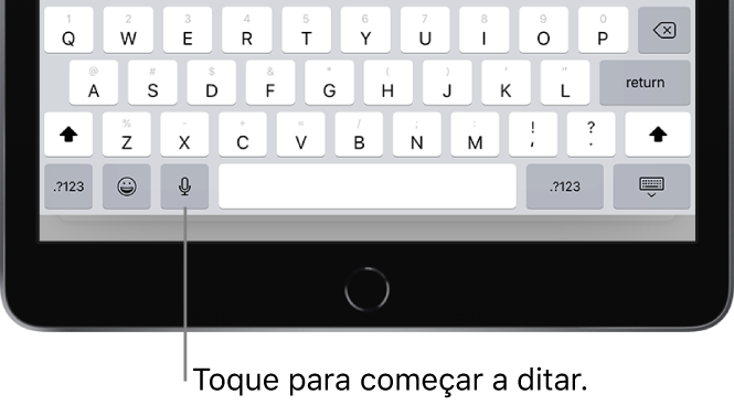O teclado no ecrã com a tecla Ditar (à esquerda da barra de espaço), no qual pode tocar para começar a ditar o texto.