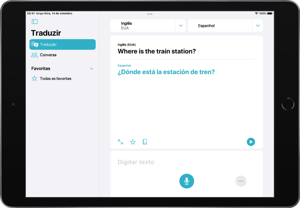 O separador “Tradução” a mostrar dois seletores de idiomas, inglês e espanhol, na parte superior, uma tradução ao centro e o campo “Introduzir texto” na parte inferior do ecrã.