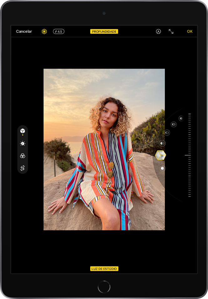 Uma fotografia no modo Profundidade encontra‑se ao centro do ecrã Editar. Os botões Cancelar, Controlo de luz e Ajuste de profundidade estão no canto superior esquerdo; Controlo de luz está selecionado. Na parte superior do ecrã, ao centro, o botão Efeito de profundidade está ativo. No canto superior direito encontram‑se os botões Marcação, Ecrã completo e OK. As ferramentas de edição encontram-se no lado esquerdo do ecrã; de cima para baixo: Controlos de profundidade, Ajustar, Filtros e Recortar. Controlos de profundidade está selecionado. No lado direito do ecrã encontram‑se os controlos de opções de iluminação.