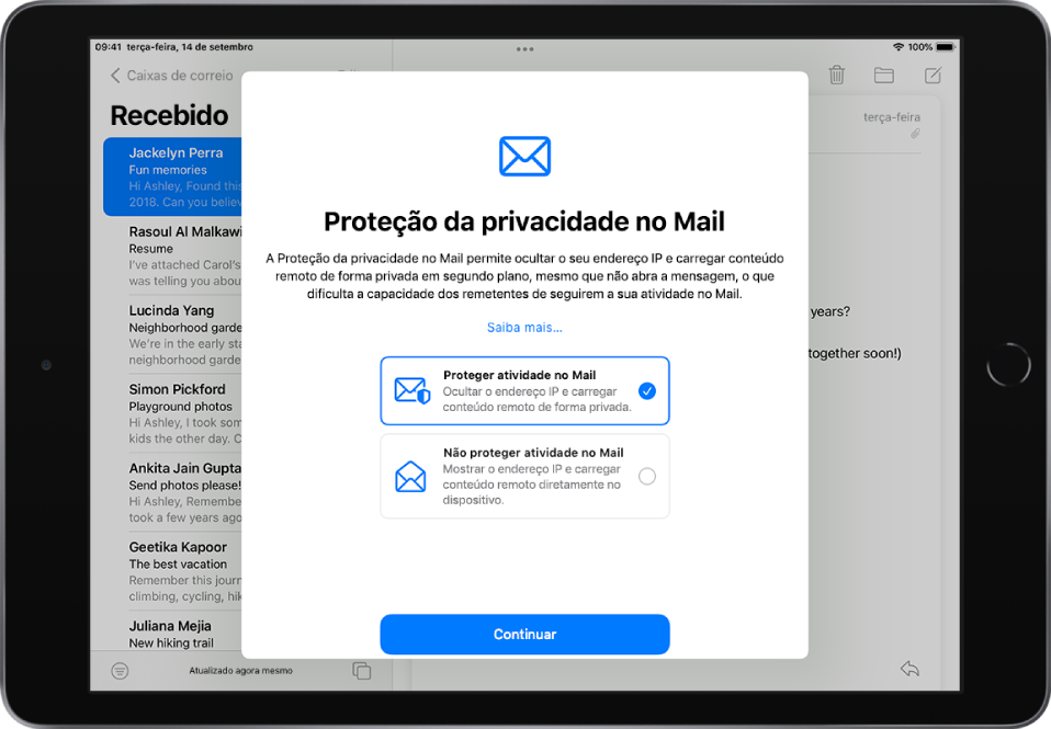 O diálogo de configuração de proteção da privacidade do Mail, que descreve as funcionalidades e oferece duas opções. “Proteger atividade no Mail” e “Não proteger atividade no Mail”.