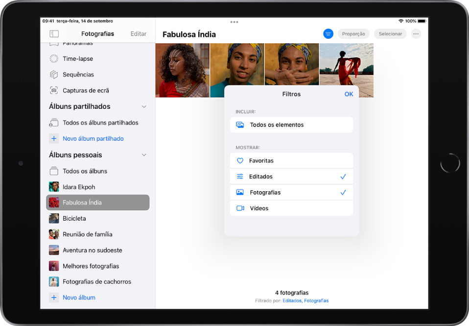 A barra lateral Fotografias está aberta no lado esquerdo do ecrã. Sob o título Álbuns pessoais, o álbum com o título Índia incrível está selecionado. O resto do ecrã do iPad é preenchido com fotografias do álbum e o menu Filtros. O menu Filtros inclui as seguintes opções, de cima para baixo: Todos os elementos, Favoritos, Editados, Fotografias e Vídeos. Editados e Fotografias estão selecionadas. Na parte superior direita do ecrã, o botão Filtros está selecionado.