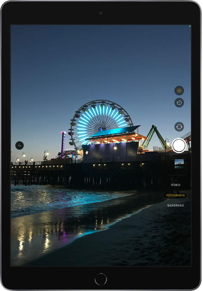 Uma imagem no ecrã Câmara, tirada do iPad Pro. O botão de obturador encontra‑se à direita, juntamente com os botões para alternar entre câmaras e para escolher um modo de fotografia.