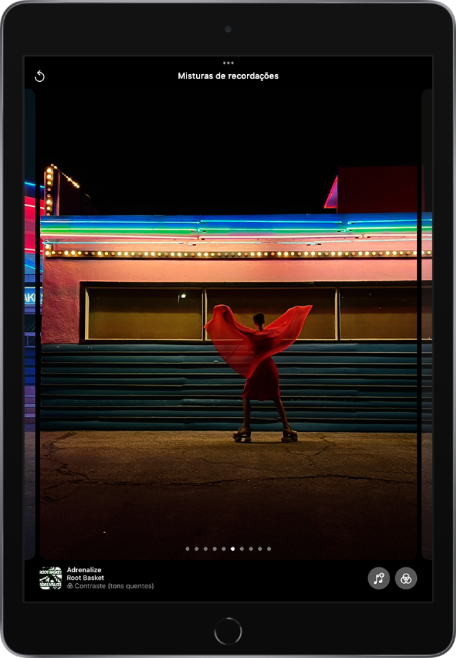 Uma mistura de recordações na aplicação Fotografias. Uma fotografia da recordação encontra‑se no centro do ecrã e, por baixo da fotografia, há pontos que indicam a opção de mistura de recordações que é apresentada. O sexto ponto está realçado. No canto inferior esquerdo está a capa do álbum, o título da música, o nome da música e o filtro que compõem a mistura de recordações. No canto inferior direito encontram‑se o botão Música e Filtro. No canto superior esquerdo encontra‑se o botão Anterior.