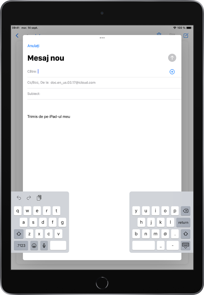 Un mesaj de e‑mail nou este compus cu tastatura divizată și detașată de la partea de jos a ecranului iPad‑ului.