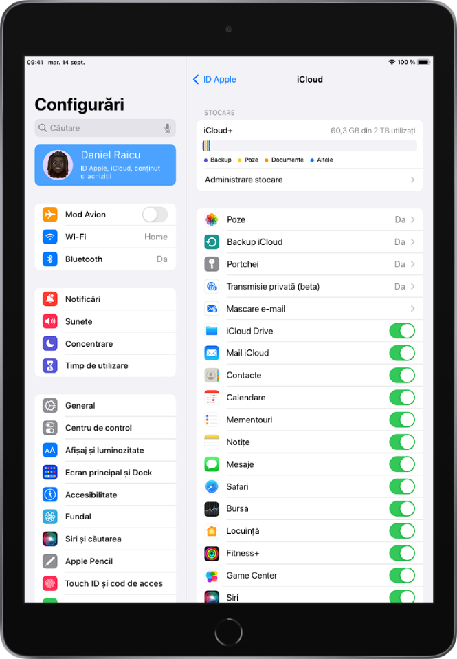 Ecranul de configurări iCloud afișând contorul de stocare iCloud și o listă de aplicații și funcționalități, inclusiv Mail, Contacte și Mesaje, ce pot fi utilizate cu iCloud.