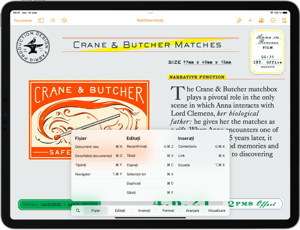 Un document cu o listă de scurtături din tastatură în jumătatea inferioară a ecranului.