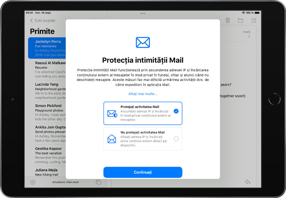 Dialogul de configurare Protecția intimității Mail, care descrie funcționalitățile și oferă două opțiuni: “Protejați activitatea Mail” și “Nu protejați activitatea Mail”.