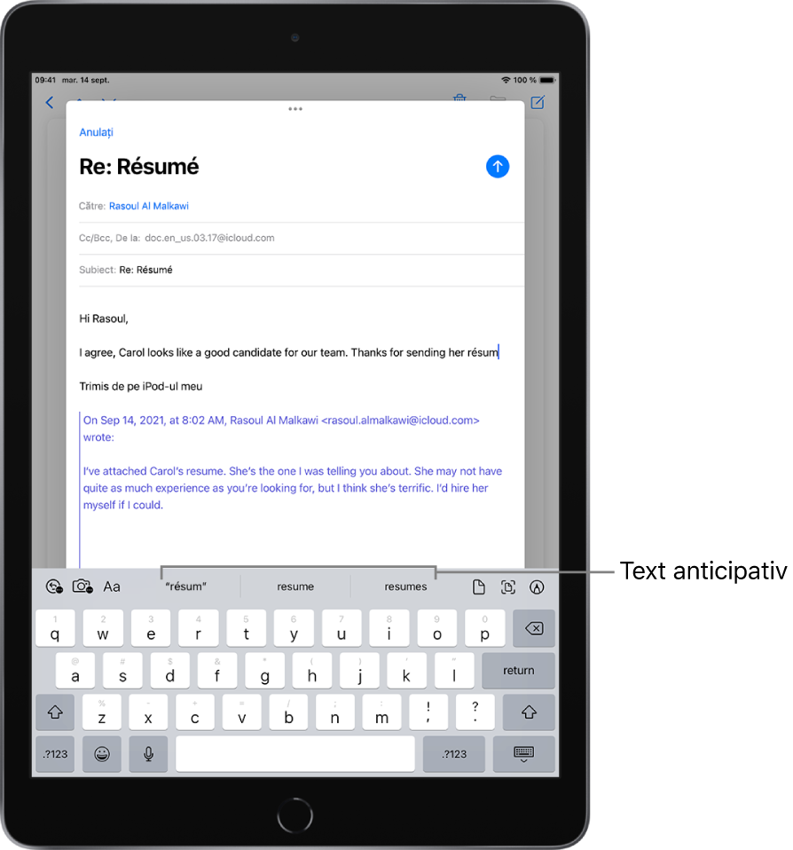 Mesaj Mail prezentând primele câteva cuvinte ale unui mesaj nou, cu sugestii oferite de funcționalitatea de anticipare a textului pentru completarea următorului cuvânt.
