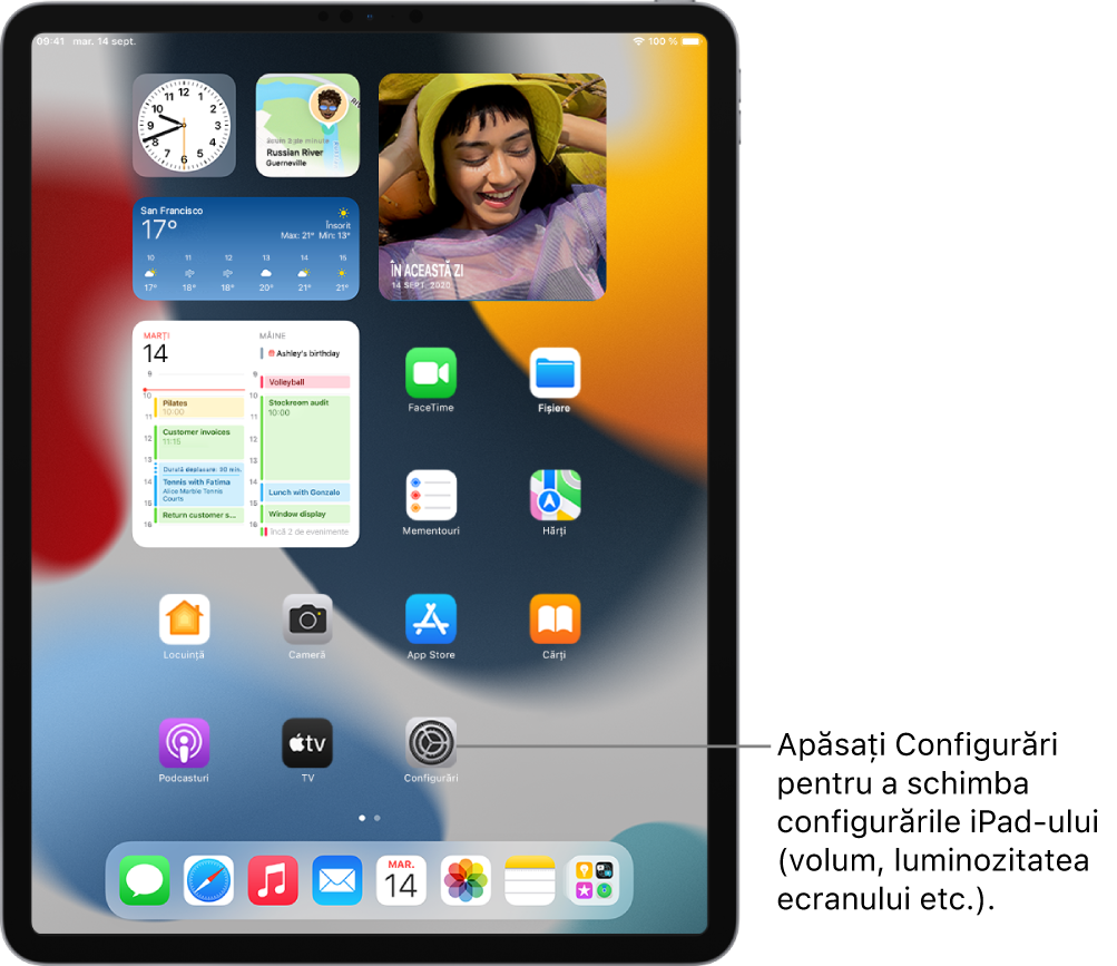 Ecranul principal al iPad-ului, cu mai multe pictograme de aplicații, inclusiv pictograma aplicației Configurări, pe care o puteți apăsa pentru a modifica volumul sunetelor de pe iPad, luminozitatea ecranului etc.