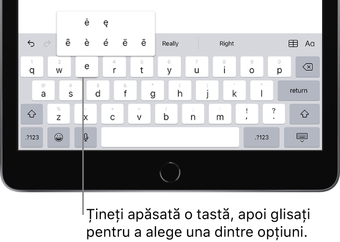 O tastatură în partea de jos a ecranului iPad‑ului, afișând caractere accentuate alternative care apar atunci când țineți apăsată tasta E.