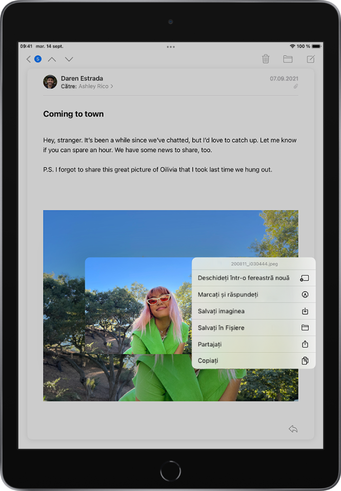 Un e-mail este deschis și un fișier atașat la e–mail este selectat, cu acțiunile posibile listate. Opțiunile includ Deschideți într-o fereastră nouă, Marcați și răspundeți, Salvați imaginea, Salvați în Fișiere, Partajați și Copiați.