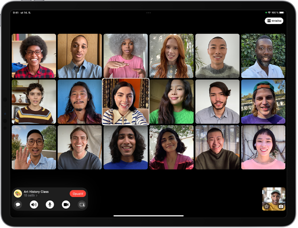 Skupinový FaceTime hovor s účastníkmi v rozložení mriežky a zvýrazneným obrázkom hovoriacej osoby.