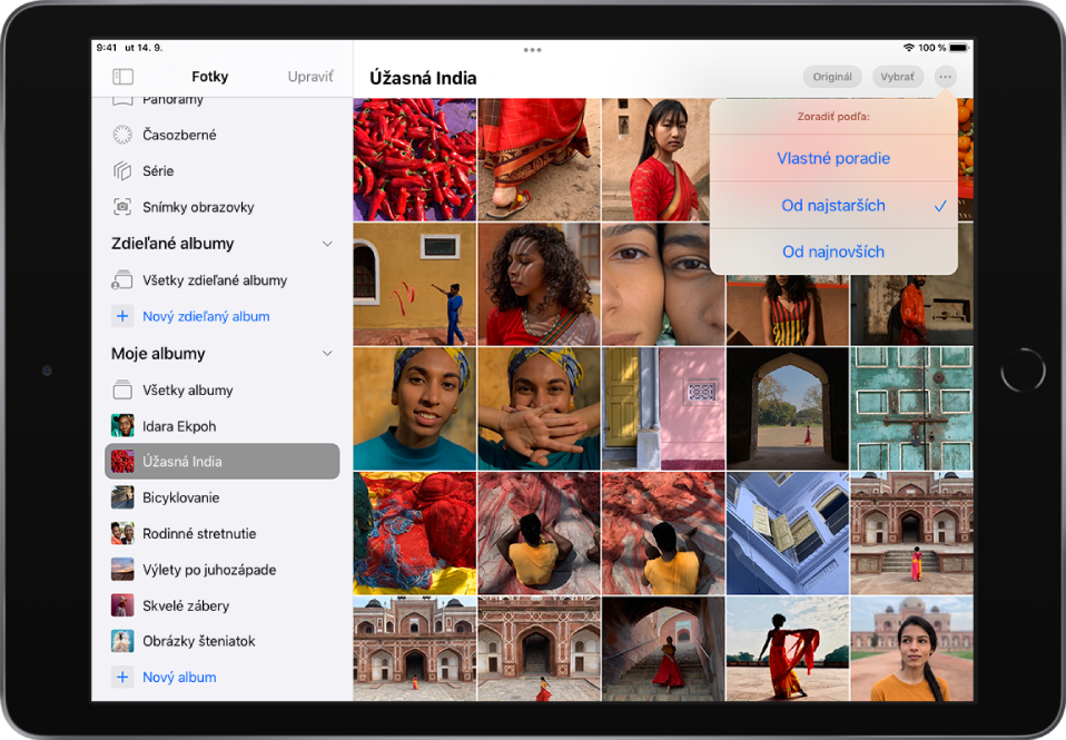 Otvorený postranný panel apky Fotky na ľavej strane obrazovky. Pod nadpisom Moje albumy je vybraný album s názvom Úžasná India. Zvyšok obrazovky vypĺňa mriežka s miniatúrami fotiek z albumu. V pravom hornom rohu obrazovky je vybrané tlačidlo Viac a možnosti zoradenia: Vlastné poradie, Od najstarších a Od najnovších. Možnosť Od najstarších je vybraná.