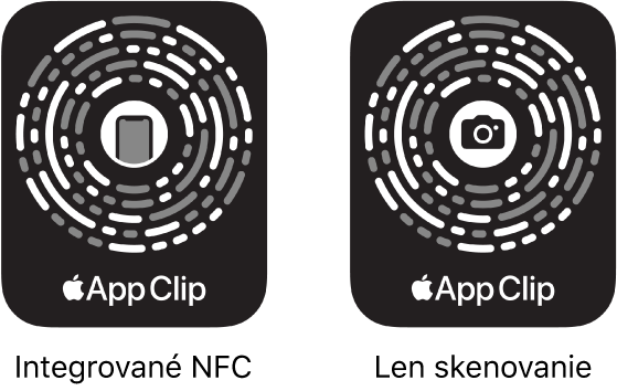 Vľavo sa nachádza kód app clipu s integrovanou NFC značkou, ktorý je uprostred označený ikonou iPhonu. Vpravo je kód app clipu určený len na optické snímanie, ktorý je uprostred označený ikonou kamery.