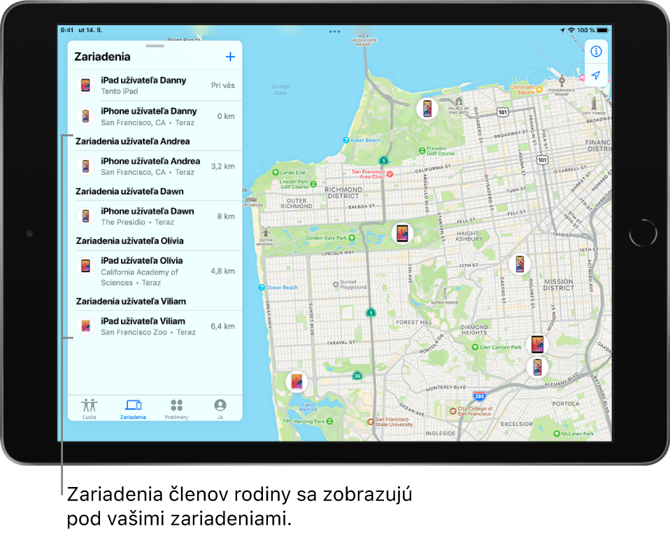 Apka Nájsť s otvoreným tabom Zariadenia. V hornej časti zoznamu sa nachádzajú Dannyho zariadenia. Pod ním sú zariadenia Aleny, Dariny, Olívie a Viktora. Ich polohy sú zobrazené na mape San Francisca.
