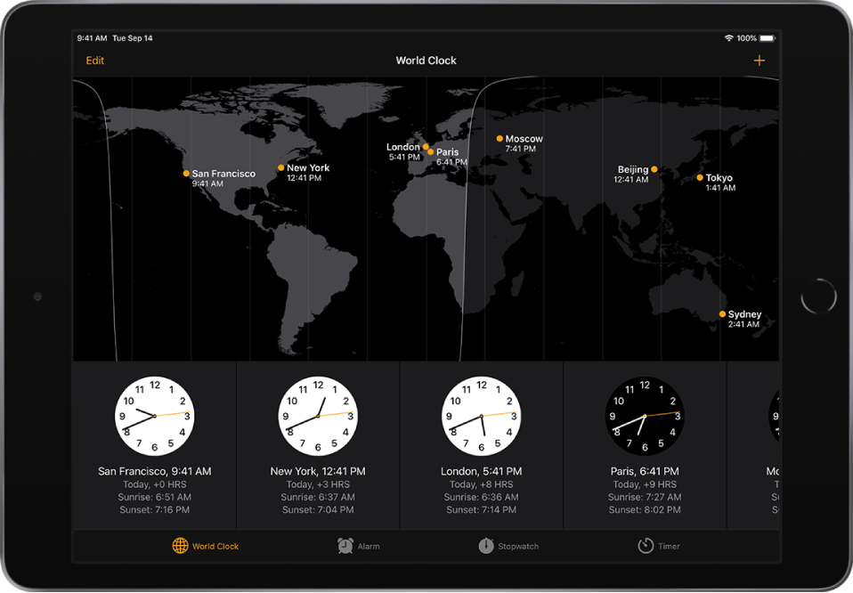 Na zavihku World Clock je prikazan čas v različnih mestih. Z gumbom Edit v zgornjem levem kotu lahko izbrišete mesta. Z gumbom Add v zgornjem desnem kotu lahko dodate več mest. Gumbi World Clock, Alarm, Stopwatch in Timer so razporejeni na dnu zaslona.