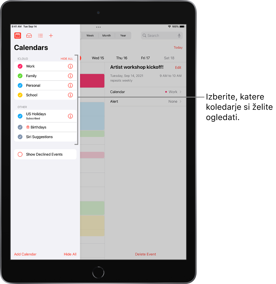 Seznam koledarjev s kljukico ob aktivnih koledarjih. Gumb Done, s katerim zaprete seznam, je v zgornjem desnem kotu. Gumb Add Calendar je v spodnjem levem kotu.