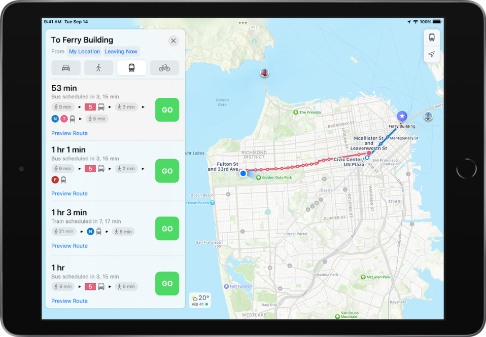 Zemljevid s prikazom poti javnega prevoza. Kartica poti na levi prikazuje gumba Go za več možnosti na poti.